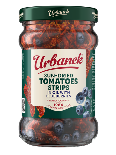 Sun-dried tomatoes strips in oil with blueberries