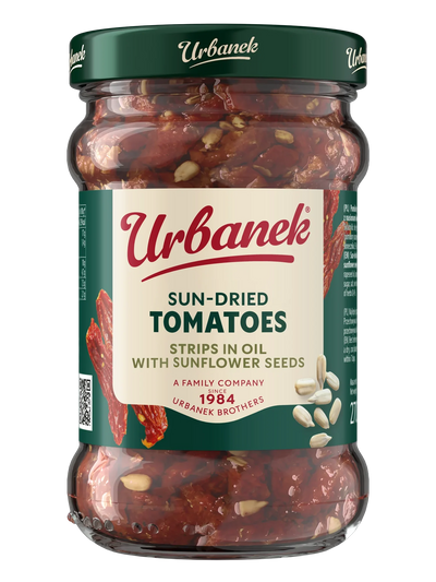 Sun-dried tomatoes strips in oil with sunflower seeds