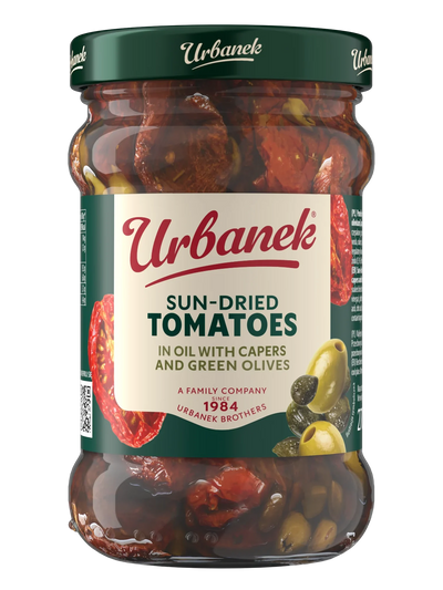 Sun-dried tomatoes halves in oil with capers and olives
