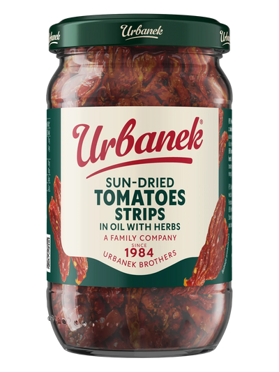 Sun-dried tomato strips in oil with herbs