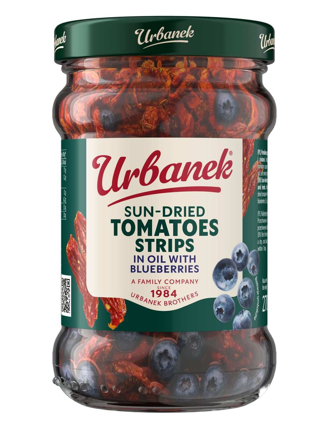 Sun-dried tomatoes strips in oil with blueberries