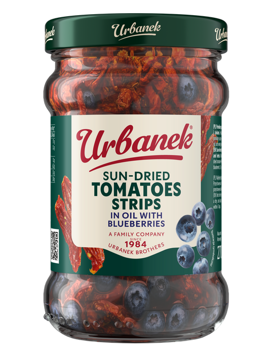 Sun-dried tomatoes strips in oil with blueberries