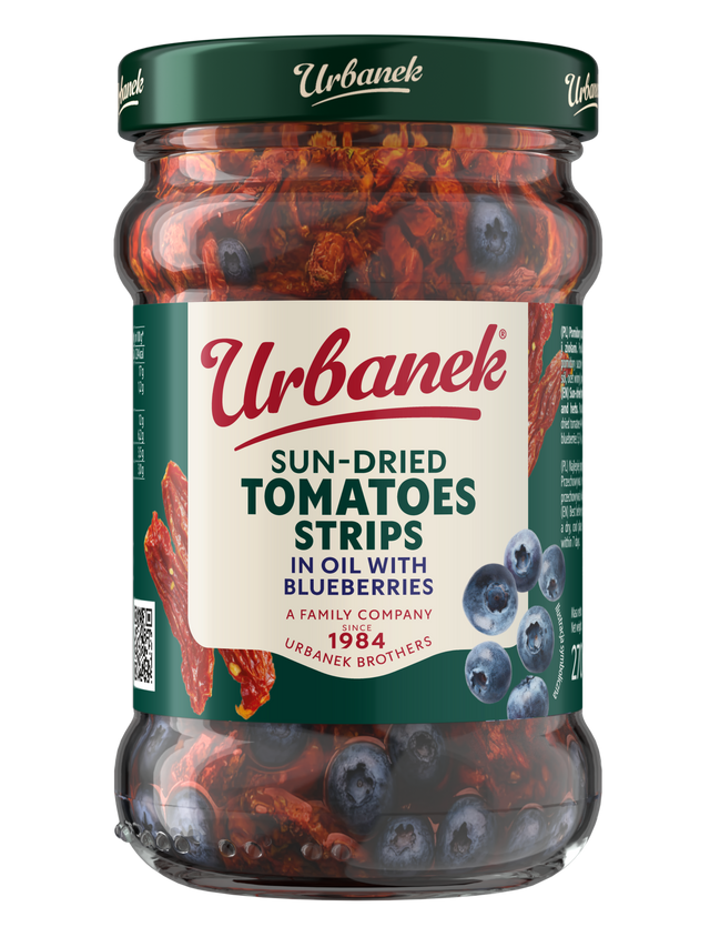 Sun-dried tomatoes strips in oil with blueberries