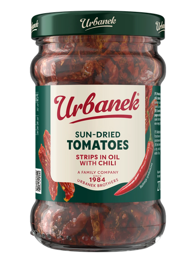 Sun-dried tomatoes strips in oil with chilli