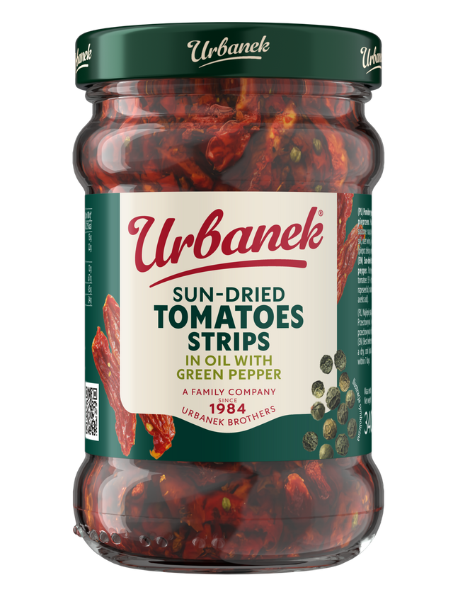 Sun-dried tomatoes strips in oil with green pepper
