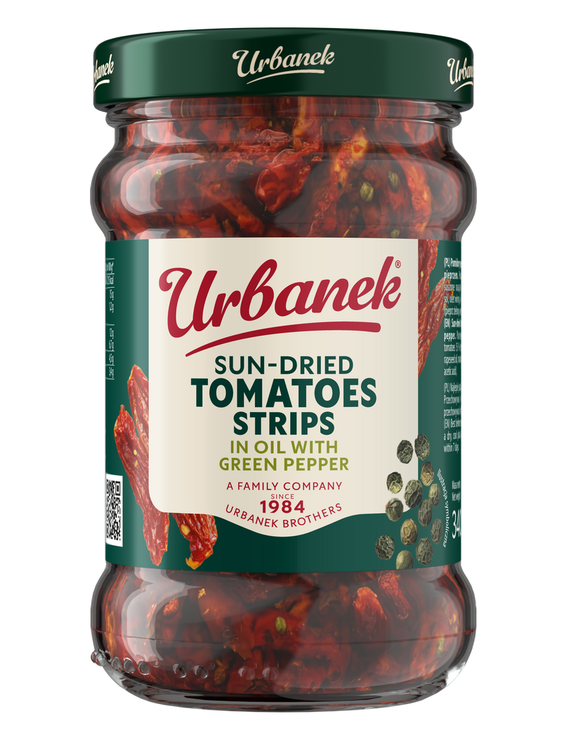 Sun-dried tomatoes strips in oil with green pepper