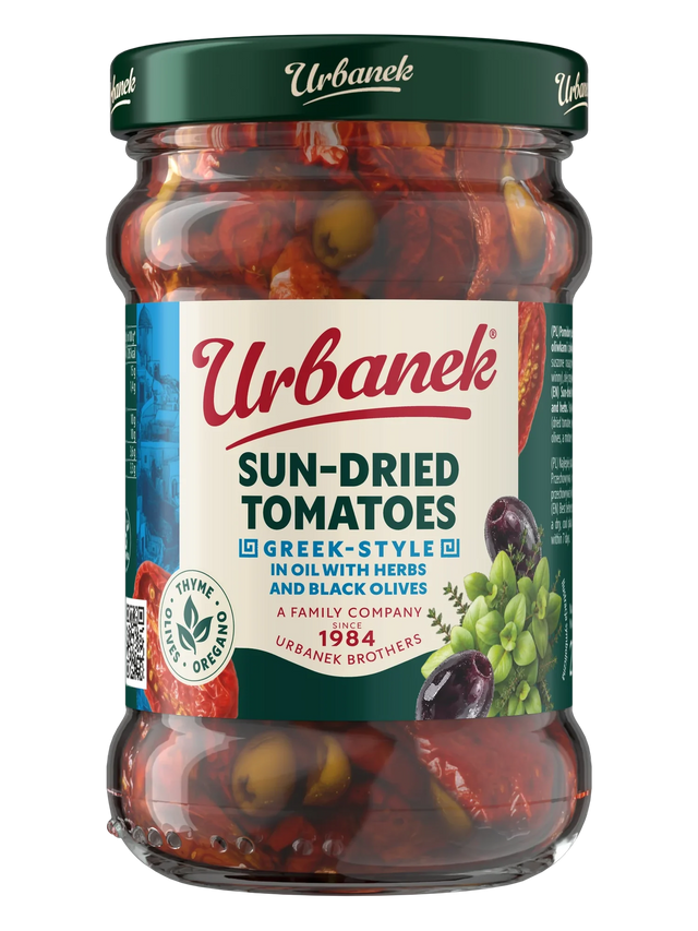 Sun-dried tomatoes in oil Greek-style with herbs and black olives
