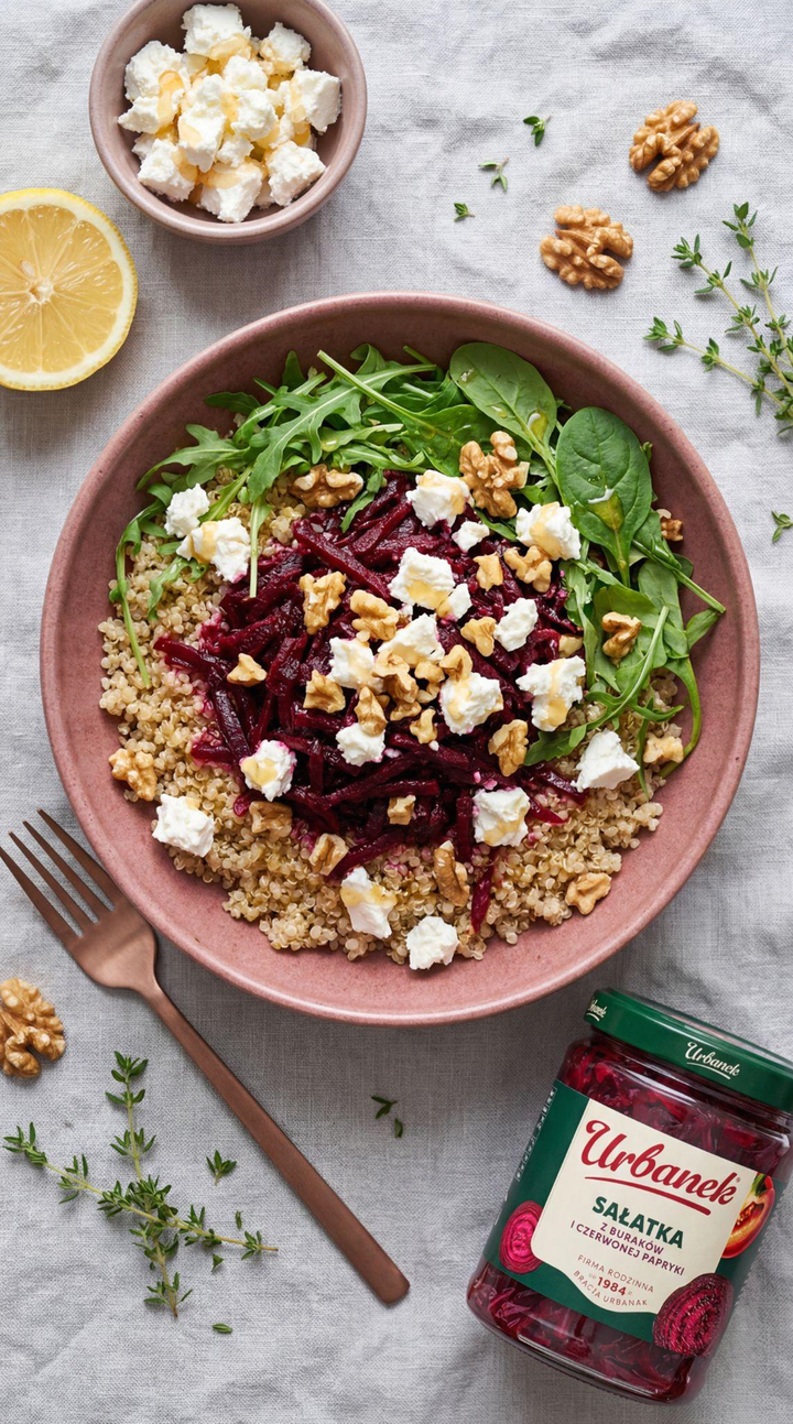 Sałatka z quinoa, kozim serem z buraczkami wiórkami